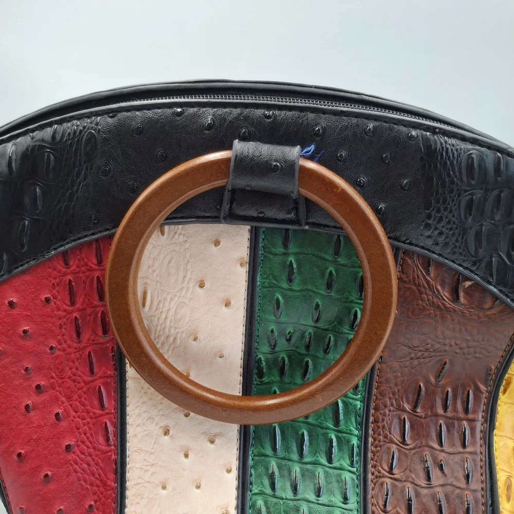 Colorblock Faux Ostrich & Alligator‎ Embossed Handbag with Wooden Ring Handles